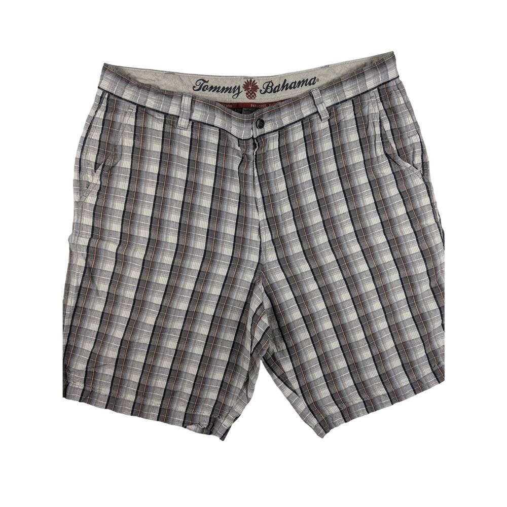 Tommy Bahama Paradise Nation Mens 38 Gray Linen Silk‎ Blend Plaid Chino Shorts